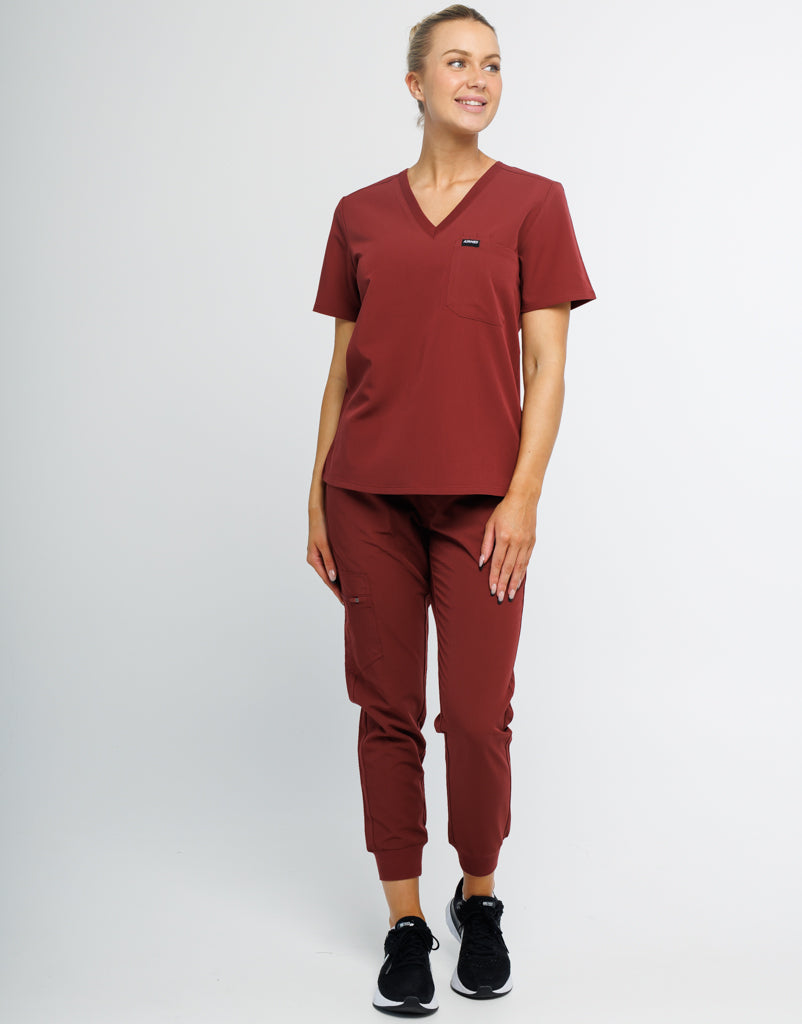 Essential One Pocket V Neck Scrub Top - Bordeaux Red