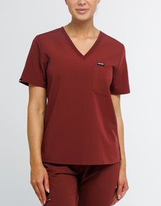 Essential One Pocket V Neck Scrub Top - Bordeaux Red