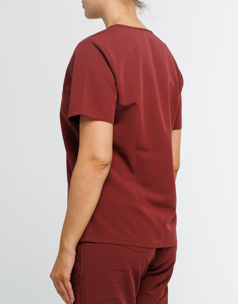 Essential One Pocket V Neck Scrub Top - Bordeaux Red