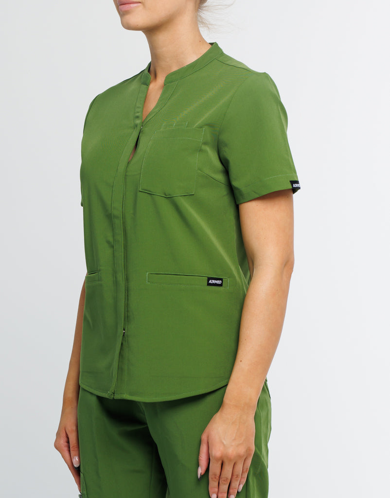 Full Button Scrub Top - Fern Green